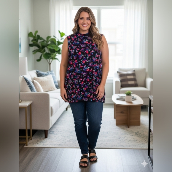 Woman Within 22/24 1X Floral Sleeveless Top Black Pink Blue Purple - Picture 10 of 10